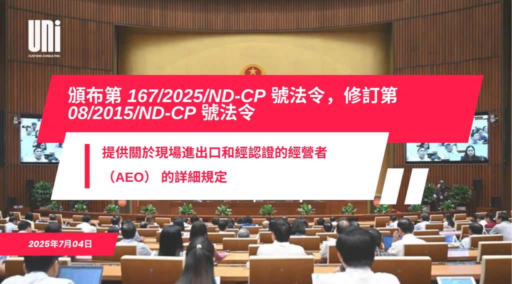 政府頒布了第-167_2025_ND-CP-號法令，修訂和補充了第-08_2015_ND-CP-號法令，該法令對現場進出口政策和適用於認可經濟經營者-（AEO）-的制度提供了詳細規定